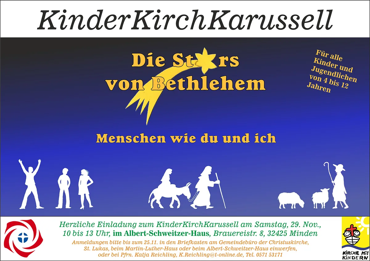 Dies ist die Einladung zum KinderKirchKarussell, das am 29.11.25 im Albert-Schweitzer-Haus stattfinden wird. 
