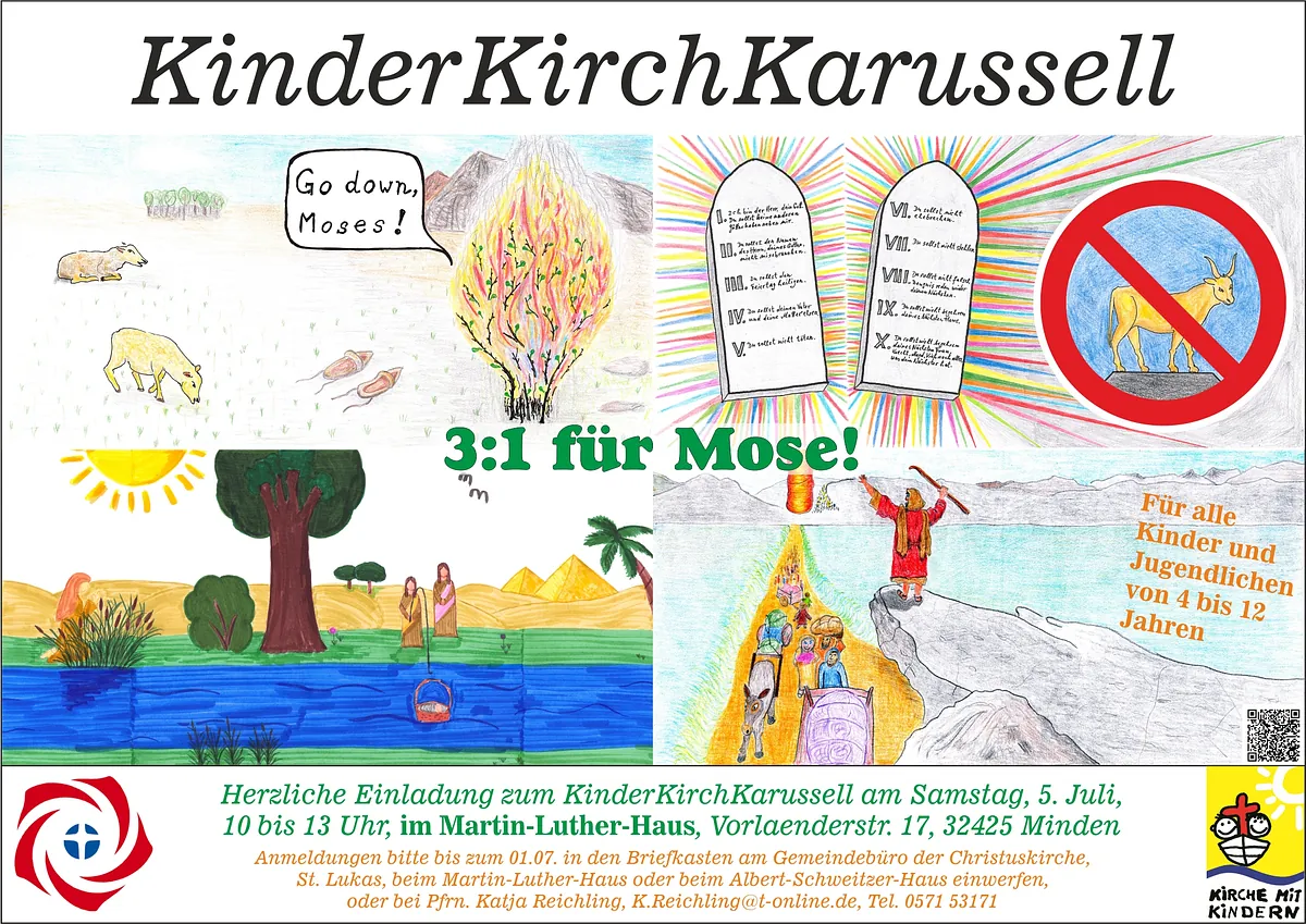 Dies ist die Einladung zum KinderKirchKarussell, das am 5.7.25 im Martin-Luther-Haus stattfinden wird.