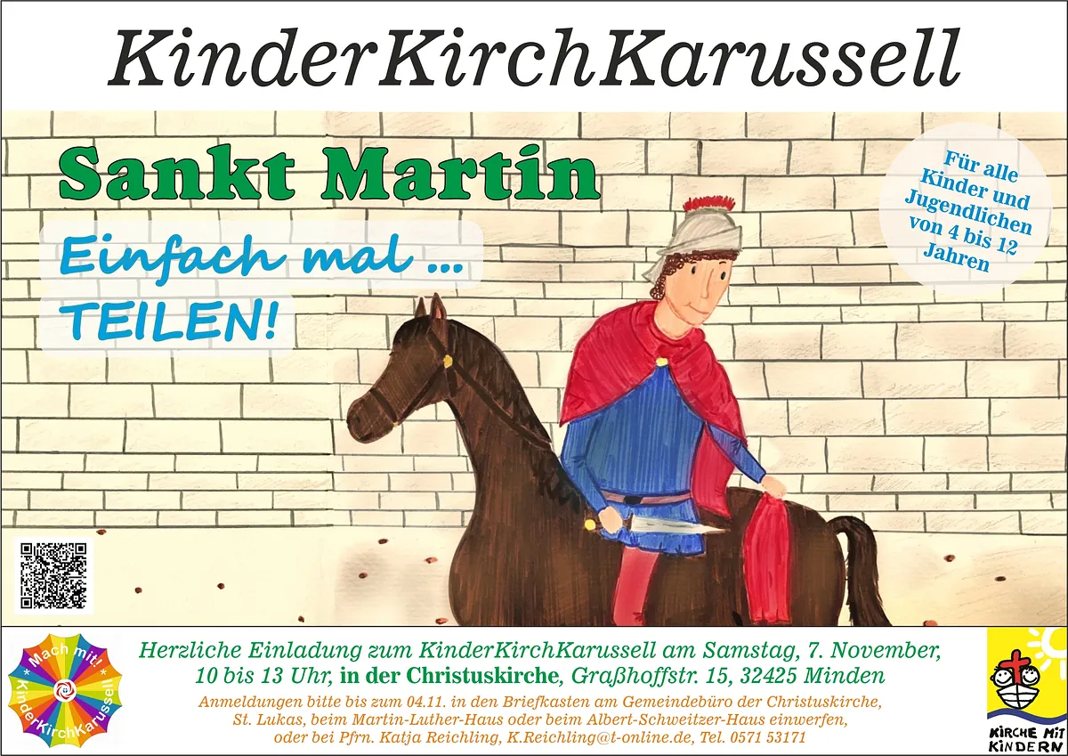 Dies ist die Einladung zum KinderKirchKarussell, das am 29.11.25 im Albert-Schweitzer-Haus stattfinden wird. 